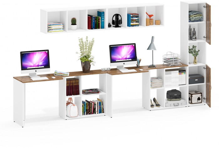 Лидер-8 Стол + Полка + Стол + Полка + Пенал, цвет белый шагрень/крафт золото, ШхГхВ 370х50/30х75/190 или 230х50/120х75/190 см., НЕ универс. сборка