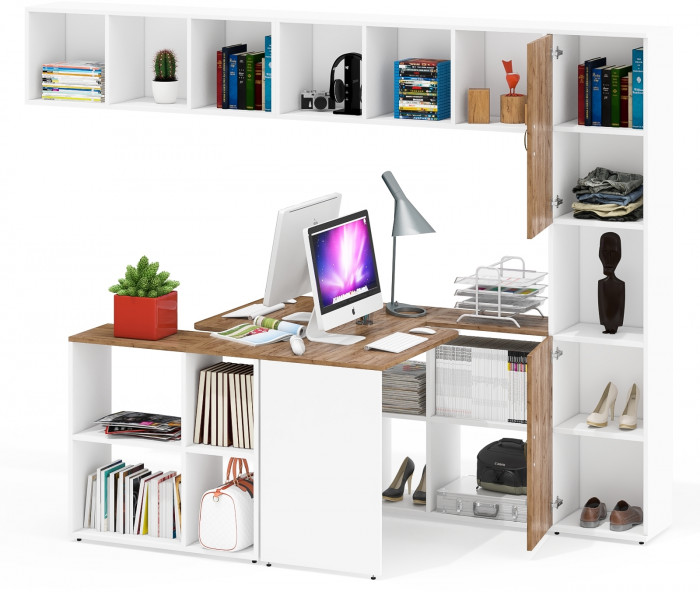 Лидер-8 Стол + Полка + Стол + Полка + Пенал, цвет белый шагрень/крафт золото, ШхГхВ 370х50/30х75/190 или 230х50/120х75/190 см., НЕ универс. сборка