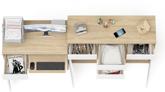 Мори Стол компьютерный МС-1 левый + Комод МК1200.4, цвет дуб сонома/белый, ШхГхВ 210,4х50х94 см., выдвижной ящик слева, НЕ универсальная сборка