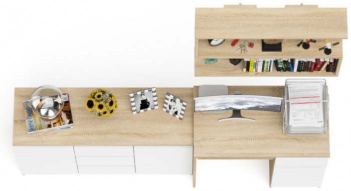 Мори Стол компьютерный МС-1 правый + Комод МК1200.3 + Полка 900, цвет дуб сонома/белый, ШхГхВ 210,4х50х209,6 см., НЕ универсальная сборка