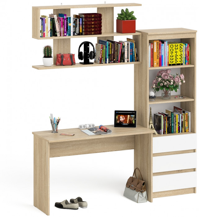 Мори письменный стол МСП1200.1 + Стеллаж МСТ600.3 + Полка 1200, дуб сонома/белый