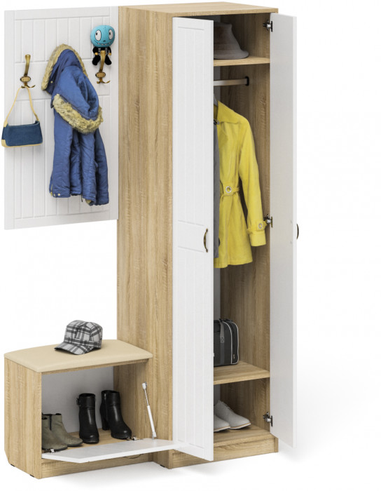 Прихожая П-6 Компоновка № 12, дуб сонома/фасады МДФ белое дерево фрезеровка прованс