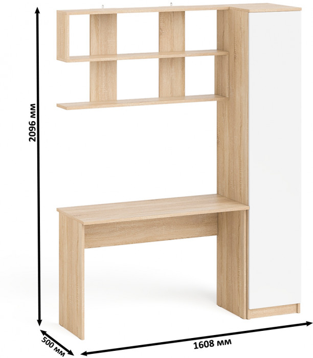 Мори Стол письменный МСП1200.1 + Пенал МШ400.1 + Полка 1200, цвет дуб сонома/белый, ШхГхВ 160,8х50,4х209,6 см., универсальная сборка