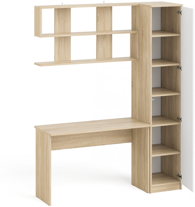 Мори Стол письменный МСП1200.1 + Пенал МШ400.1 + Полка 1200, цвет дуб сонома/белый, ШхГхВ 160,8х50,4х209,6 см., универсальная сборка