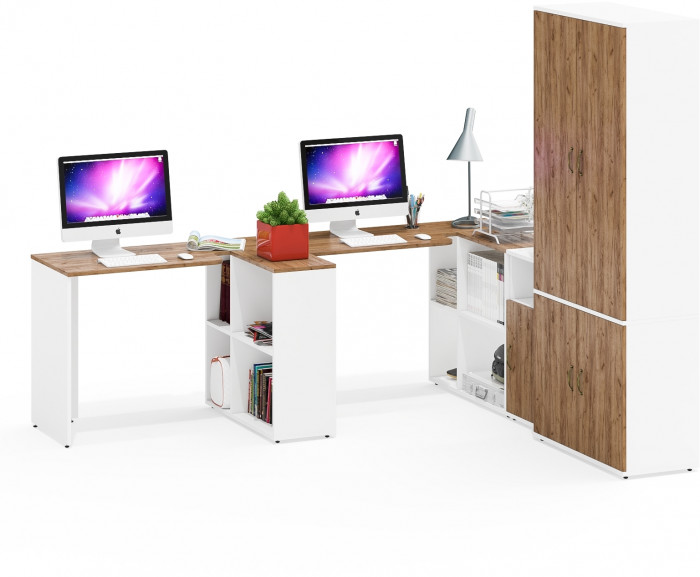 Лидер-8 Стол + Стол + Шкаф МД 20Б + Тумба МД 3.19, белый шагрень/крафт золото