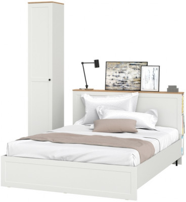 Остин 11.53 Кровать + ортопед + 13.227 Шкаф-пенал, белый шагрень/дуб крафт золотой