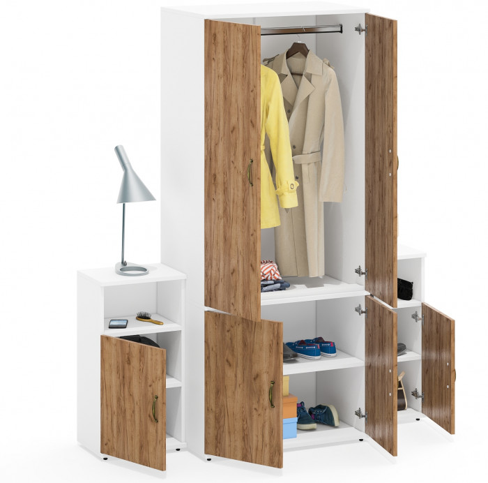 Лидер-8 Шкаф МД 19Б + Тумба МД 3.19 + Тумба МД 3.19, цвет белый шагрень/крафт золото, ШхГхВ 160х50х190 см., универсальная сборка