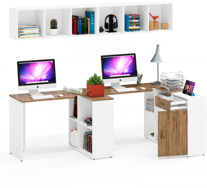 Лидер-8 Стол + Полка + Стол + Полка + Тумба МД 3.15, цвет белый шагрень/крафт золото, ШхГхВ 370х50/30х75 или 230х50/120х75 см., НЕ универс. сборка