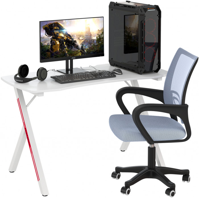 Игровой стол Мебель--24 GT-2310 + кресло компьютерное 103 серое, цвет белый, ШхГхВ 120х60х73 + 59х56х83-94 см.