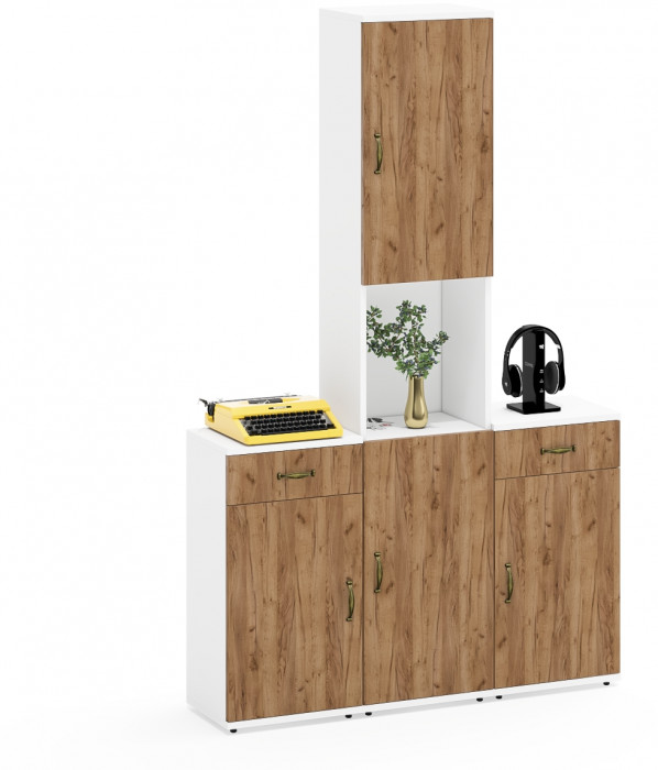 Лидер-8 Пенал + Тумба МД 3.15 + Тумба МД 3.15, цвет белый шагрень/крафт золото, ШхГхВ 120х30х190 см., универсальная сборка