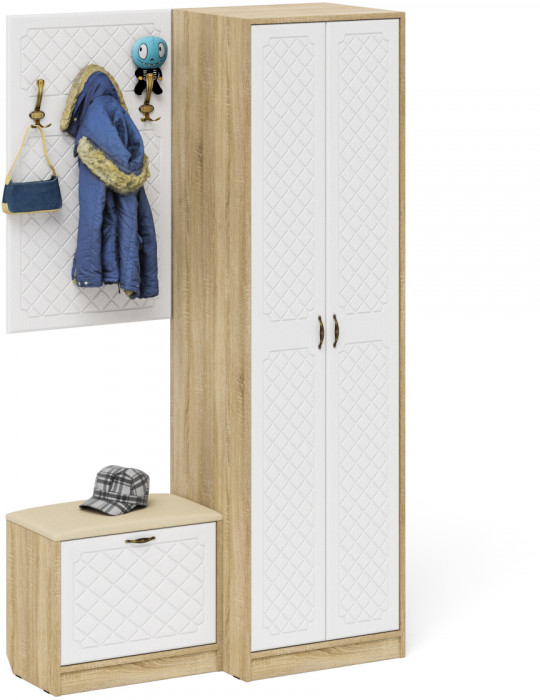 Прихожая П-6 Компоновка № 12, дуб сонома/фасады МДФ белое дерево фрезеровка ромб