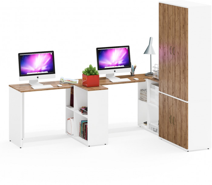 Лидер-8 Стол + Стол + Шкаф МД 20Б, белый шагрень/крафт золото