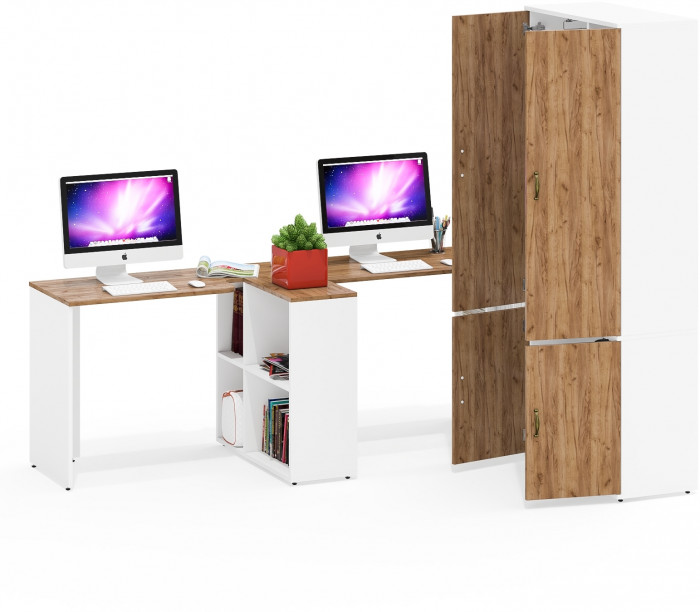 Лидер-8 Стол + Стол + Шкаф МД 20Б, белый шагрень/крафт золото