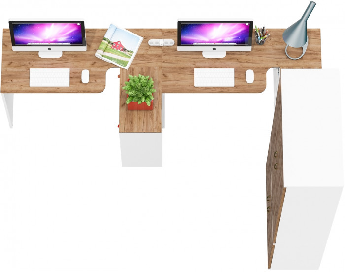 Лидер-8 Стол + Стол + Шкаф МД 20Б, белый шагрень/крафт золото