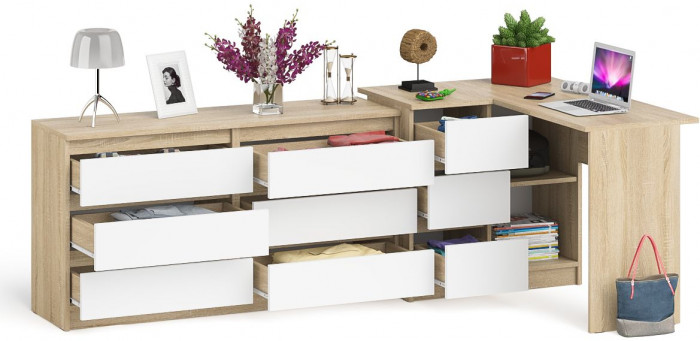 Мори компьютерный стол МС-16 левый + Комод МК1380.6, дуб сонома/белый