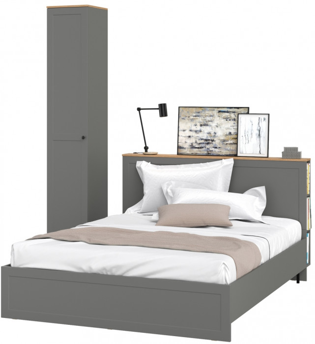 Остин 11.53 Кровать + ортопед + 13.227 Шкаф-пенал, серый графит/дуб крафт золотой