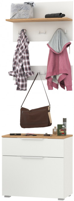 Октава 16.127 Тумба для обуви + 15.14.01 Вешалка + 15.14.02, цвет белый шагрень/дуб крафт золотой/фасады МДФ белый шагрень, ШхГхВ 64,9х35,4х197 см.