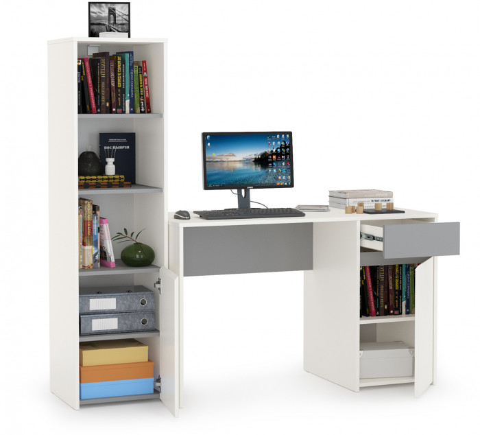 Торонто 12.149 Стол + 13.13 Шкаф комбинированный, белый шагрень/стальной серый