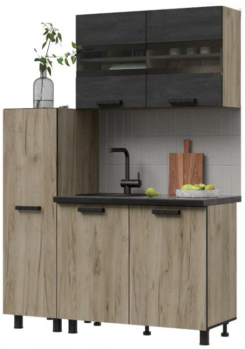 Кухня Эдинбург 1.4 с пеналом Фасад ЖЕЛЕЗНЫЙ КАМЕНЬ/Корпус ДУБ КРАФТ СЕРЫЙ