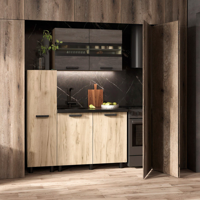 Кухня Эдинбург 1.4 с пеналом Фасад ЖЕЛЕЗНЫЙ КАМЕНЬ/Корпус ДУБ КРАФТ СЕРЫЙ