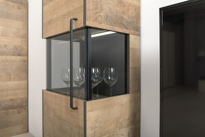 Трувор 13.205 Шкаф-пенал с витриной, цвет дуб гранж песочный/интра, ШхГхВ 44,8х37х210 см., есть светодиодная подсветка, универсальная сборка