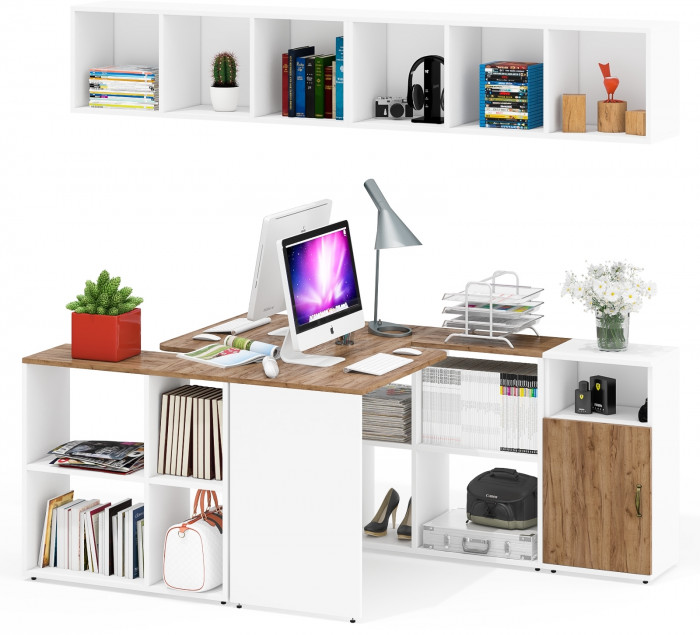 Лидер-8 Стол + Полка + Стол + Полка + Тумба МД 3.19, цвет белый шагрень/крафт золото, ШхГхВ 370х50/30х75 см. или 230х50/120х75 см., НЕ универс. сборка