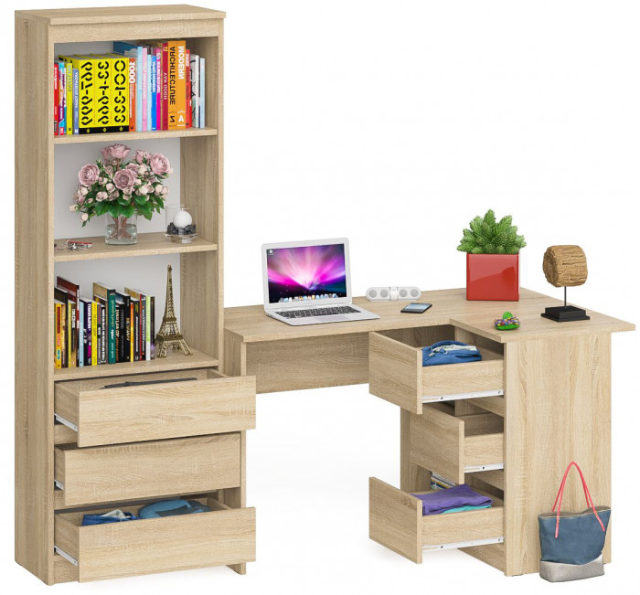 Мори компьютерный стол МС-16 правый + Стеллаж МСТ600.3, дуб сонома