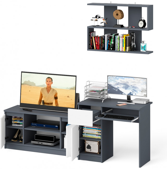Мори Стол компьютерный МС-1 левый + Тумба МТВ1200.1 + Полка 900, цвет графит/белый, ШхГхВ 210,4х50х209,6 см., НЕ универсальная сборка