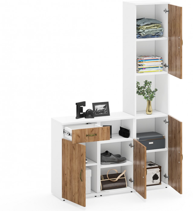 Лидер-8 Пенал + Тумба МД 3.15 + Тумба МД 3.19, цвет белый шагрень/крафт золото, ШхГхВ 120х30х190 см., универсальная сборка