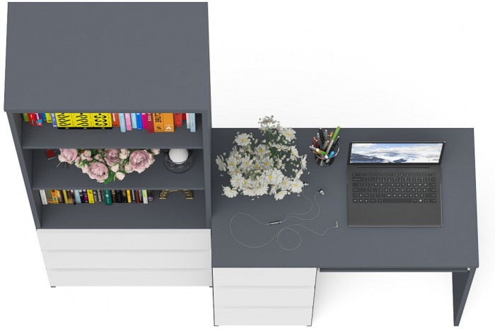 Мори компьютерный стол МС-6 левый + Стеллаж МСТ600.3, графит/белый