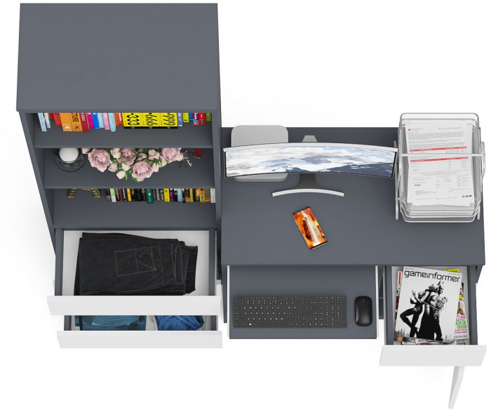 Мори Стол компьютерный МС-1 правый + Стеллаж МСТ600.3, цвет графит/белый, ШхГхВ 150,4х50х179,6 см., выдвижной ящик справа, НЕ универсальная сборка