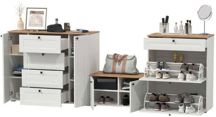 Остин 16.221 Комод + 16.121 Тумба для обуви + 13.257 Тумба, цвет белый шагрень/дуб крафт золотой, ШхГхВ 280х41,9х99,3 см.