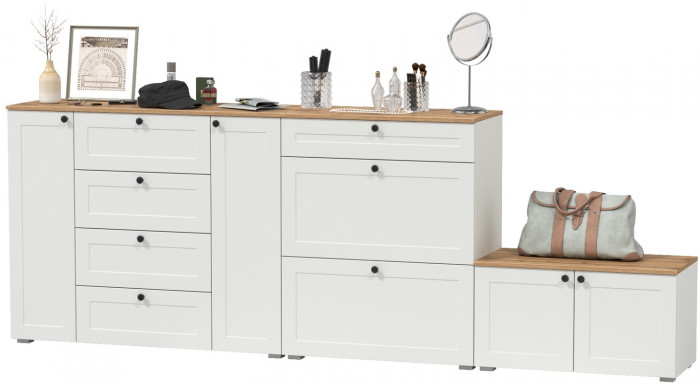 Остин 16.221 Комод + 16.121 Тумба для обуви + 13.257 Тумба, цвет белый шагрень/дуб крафт золотой, ШхГхВ 280х41,9х99,3 см.