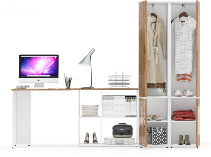 Лидер-8 Стол + Пенал МД 21Б + Пенал МД 21Б, белый шагрень/крафт золото