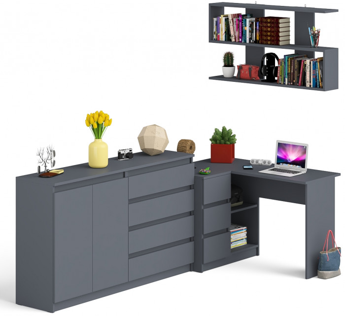 Мори компьютерный стол МС-16 левый + Комод МК1600.1 + Полка 1200, графит