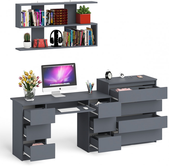 Мори компьютерный стол МС-2 + Комод МК800.4 + Полка 1200, графит
