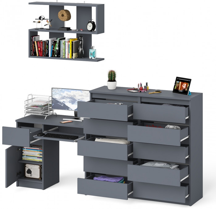 Мори Стол компьютерный МС-1 левый + Комод МК1200.10 + Полка 900, цвет графит, ШхГхВ 210,4х50х209,6 см., НЕ универсальная сборка