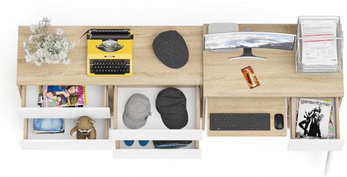 Мори Стол компьютерный МС-1 правый + Комод МК1200.6, цвет дуб сонома/белый, ШхГхВ 210,4х50х76,6 см., выдвижной ящик справа, НЕ универсальная сборка