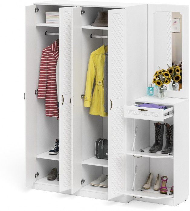 Прихожая П-6 Компоновка № 14, белая шагрень/фасады МДФ белое дерево фрезеровка ромб