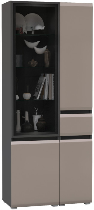Сидней 13.202 Шкаф с ящиком + Шкаф-витрина 13.201, корпус: антрацит/фасады: МДФ веллюто капучино/стекло