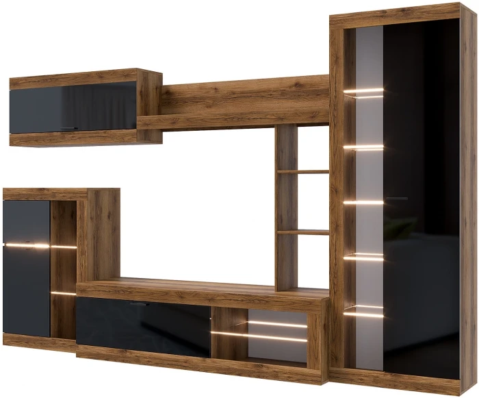 Прага Модульная Гостиная, вариант №4, Дуб Делано/Черный глянец