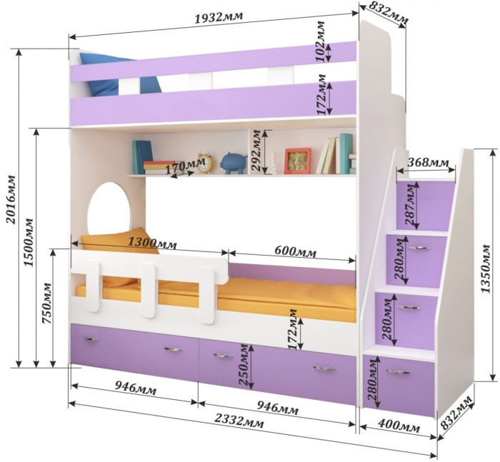 Двухъярусная кровать Юниор 1 + бортик Юниор (Винтерберг/Лайм)
