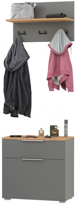 Октава 16.127 Тумба для обуви + 15.14.01 Вешалка, цвет серый графит/дуб крафт золотой/фасады МДФ серый графит, ШхГхВ 64,9х35,4х197 см.