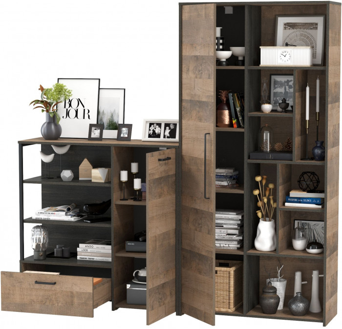 Трувор 13.206 Шкаф-стеллаж + 13.307.01 Комод, цвет дуб гранж песочный/интра, ШхГхВ 202х37х194,2 см., универсальная сборка