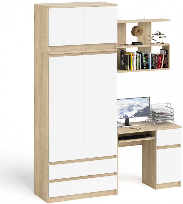 Мори компьютерный стол МС-1 правый + Шкаф МШ900.1 + Антресоль МА900.1 + Полка 900, дуб сонома/белый