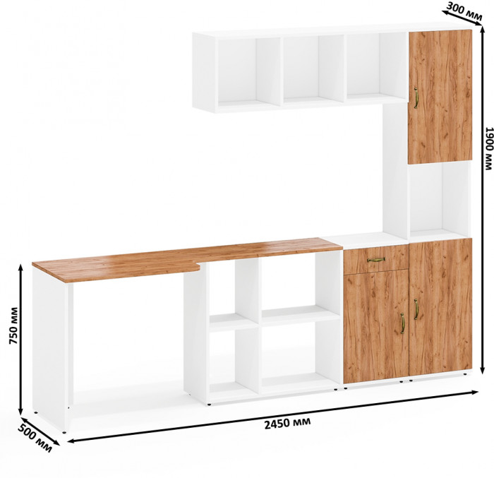 Лидер-8 Стол + Полка + Тумба МД 3.15 + Пенал, цвет белый шагрень/крафт золото, ШхГхВ 370х50/30х75/190 или 230х50/120х75/190  см., НЕ универс. сб.
