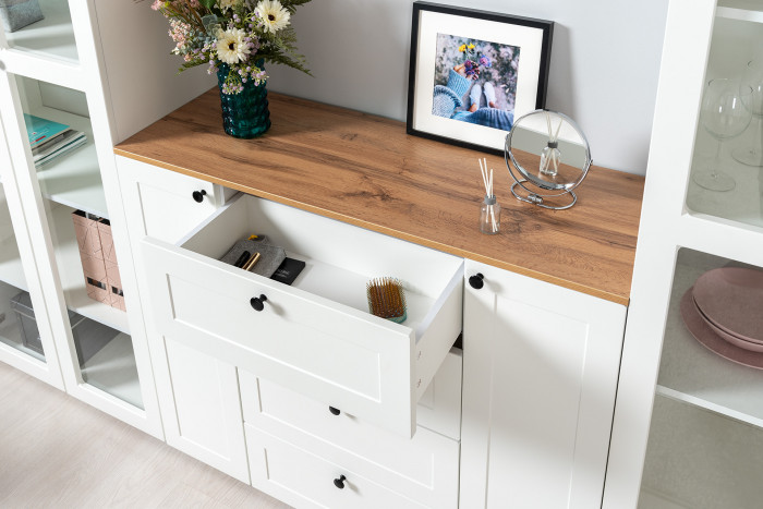 Остин 16.394.02 Шкаф-витрина, белый шагрень/дуб крафт золотой