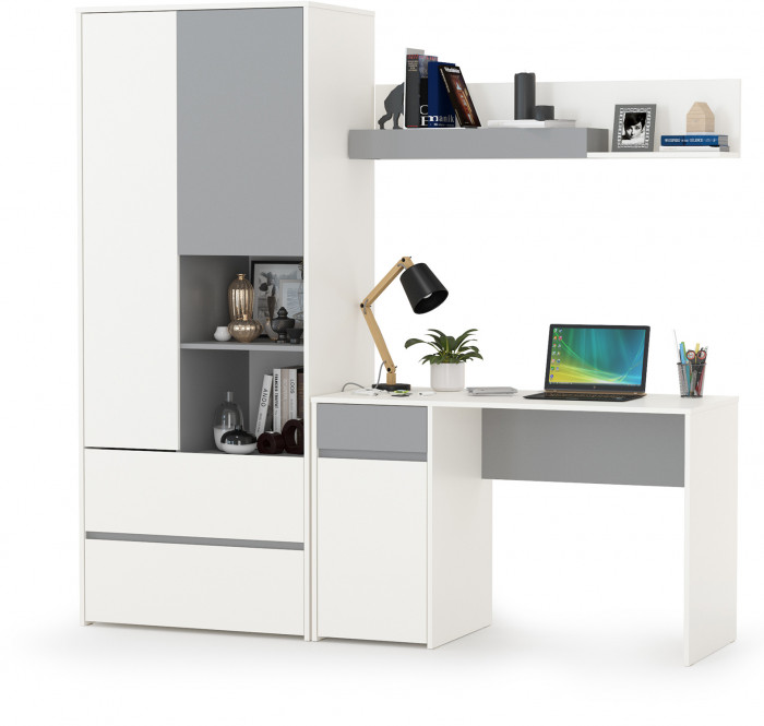 Торонто 12.149 Стол + 13.333 Шкаф для одежды + 16.475 Полка, белый шагрень/стальной серый