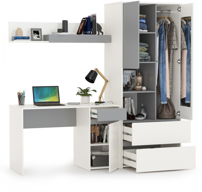 Торонто 12.149 Стол + 13.333 Шкаф для одежды + 16.475 Полка, белый шагрень/стальной серый