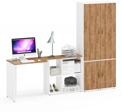 Лидер-8 Стол + Пенал МД 22Б + Пенал МД 22Б, белый шагрень/крафт золото